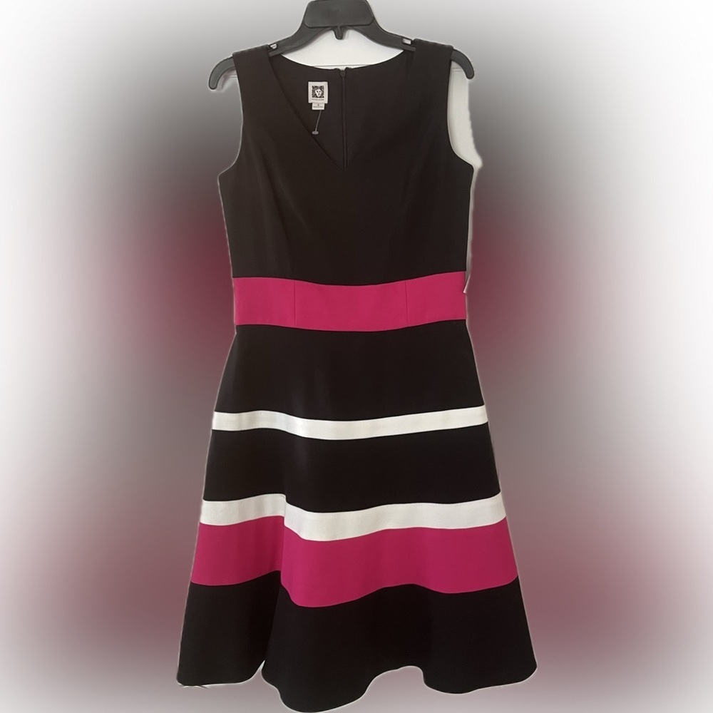 NWT Anne Klein Blk Color Block Sleeveless Dress Lined Back Zip Fit Flare, Size 6